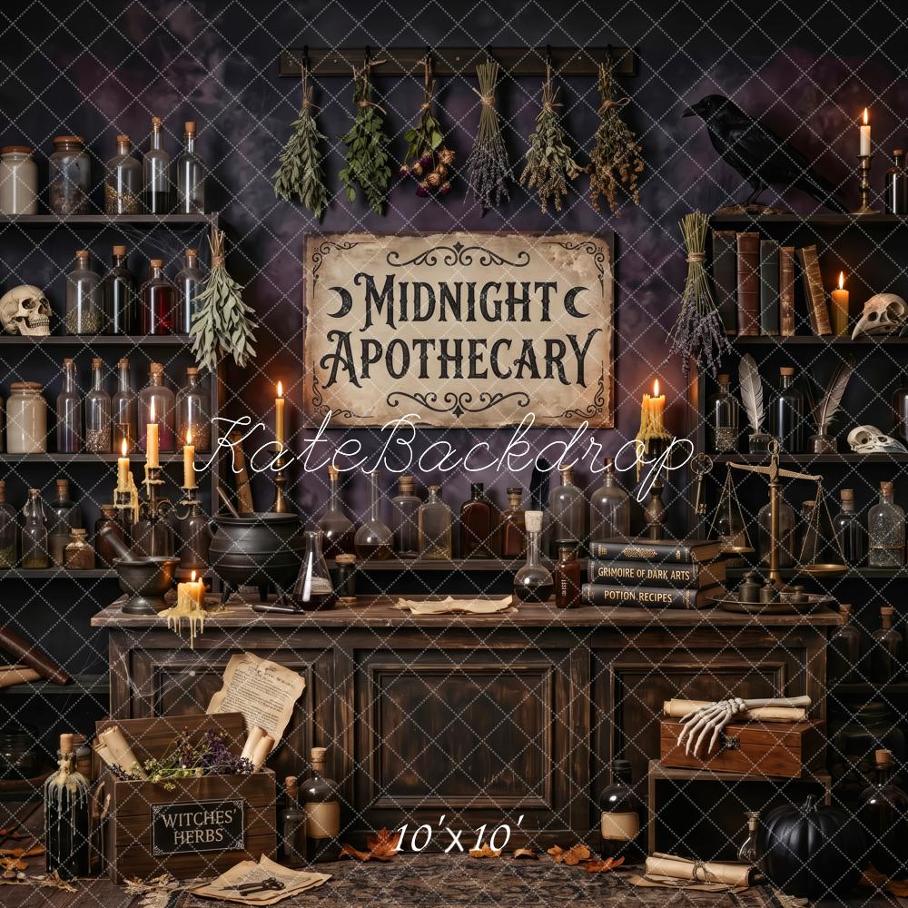 Kate Halloween Apothecary Potion Bottles Cabinet Printed Backdrop Designed by Patty Roberts