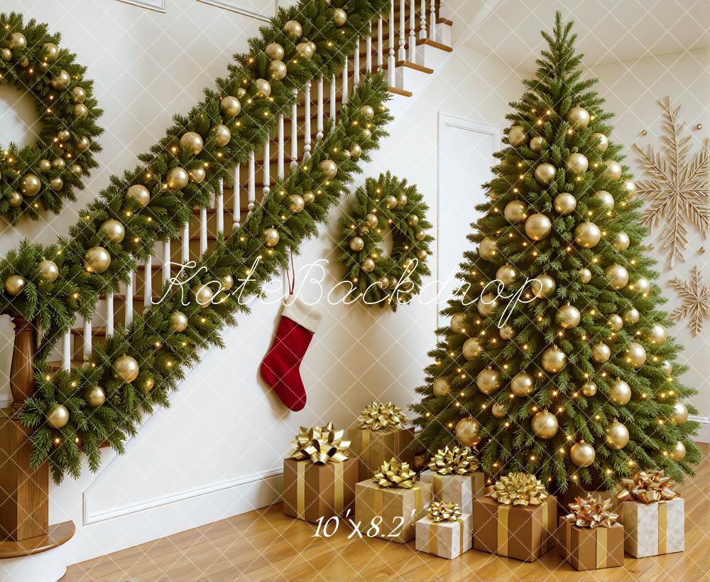 Kate Christmas Interior Staircase Gold Ornament Tree Wreath Garland Backdrop Designed by Mini MakeBelieve