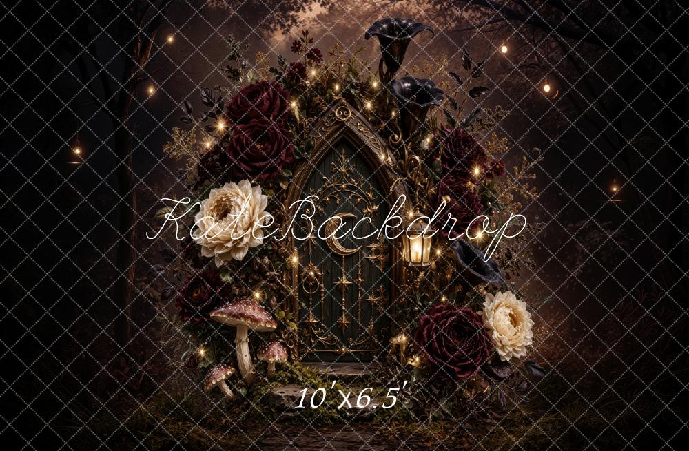 Kate Halloween Gothic Fantasy Floral House Mushrooms Printed Backdrop Designed by Jordan Moon