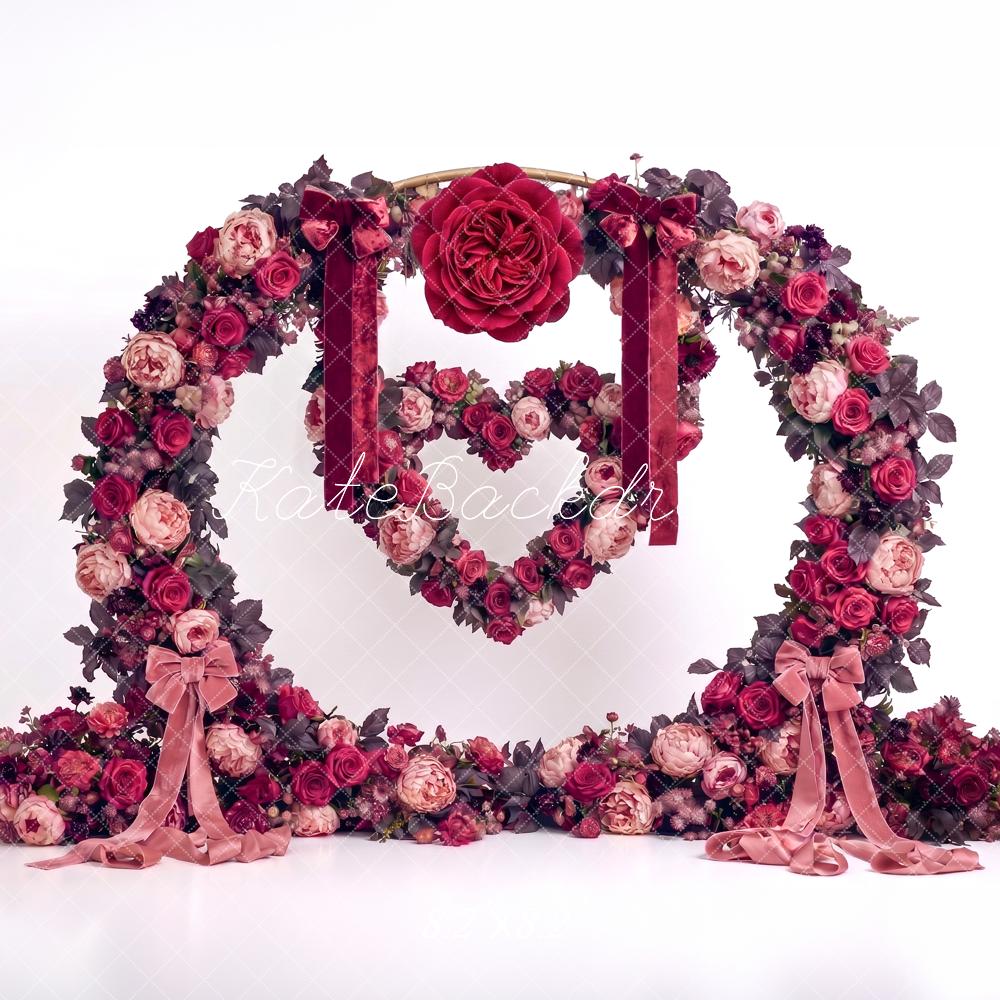 Kate Valentines Arch Burgundy Rose Flower Heart Printed Backdrop Designed by Angela Miller