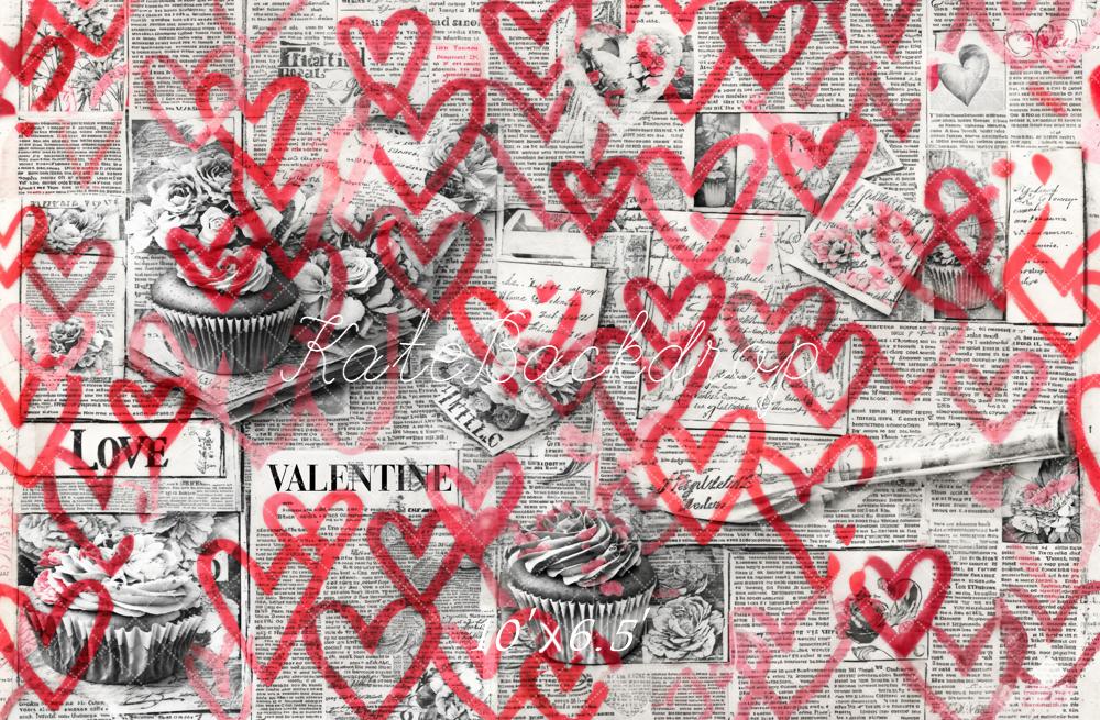 Kate Valentine's Day Newspaper Red Hearts Cupcakes Backdrop Designed by Emetselch
