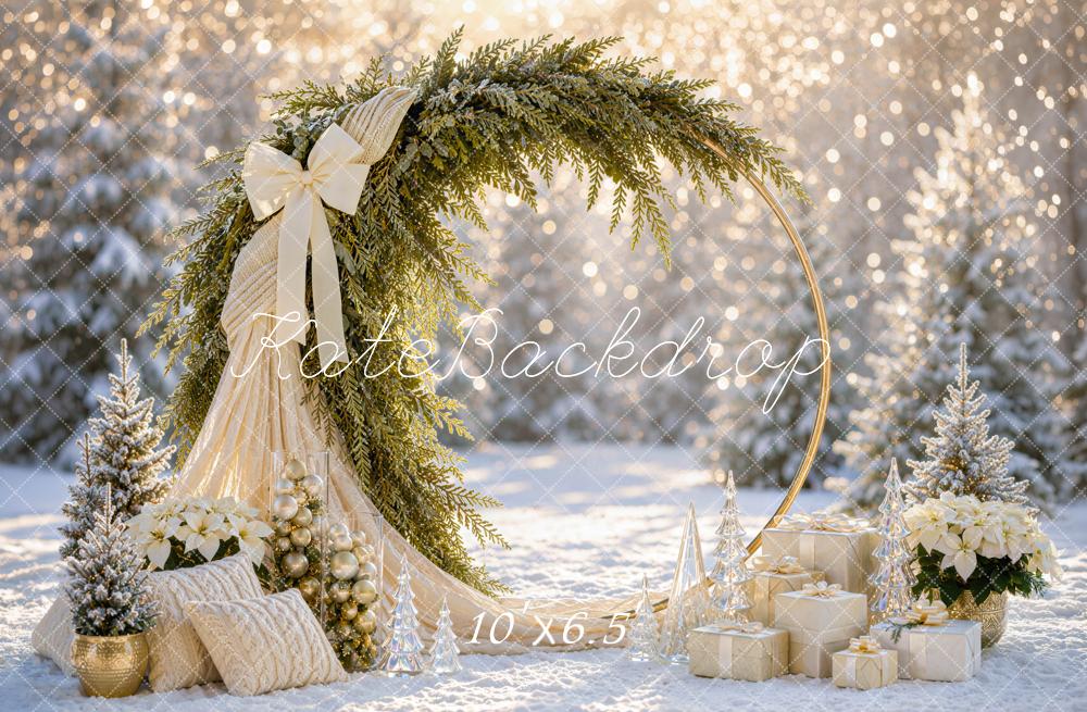 Kate Christmas Circle Arch Snowy Greenery Bow Snowy Printed Backdrop Designed by Mini MakeBelieve