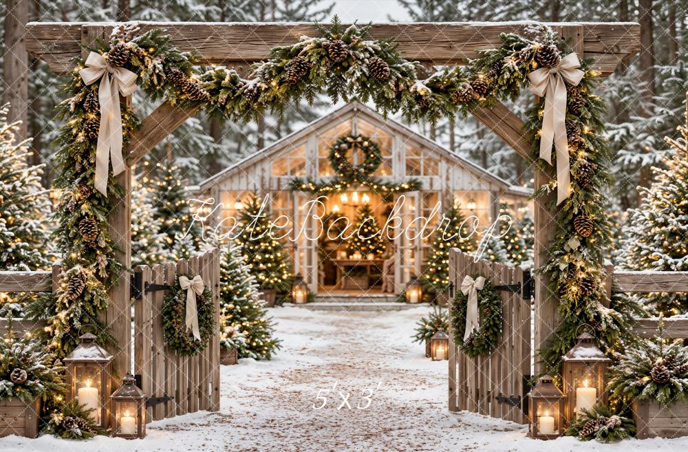 Kate Christmas Rustic Snowy Cabin Garland Archway Woodland Printed Backdrop Designed by Emetselch