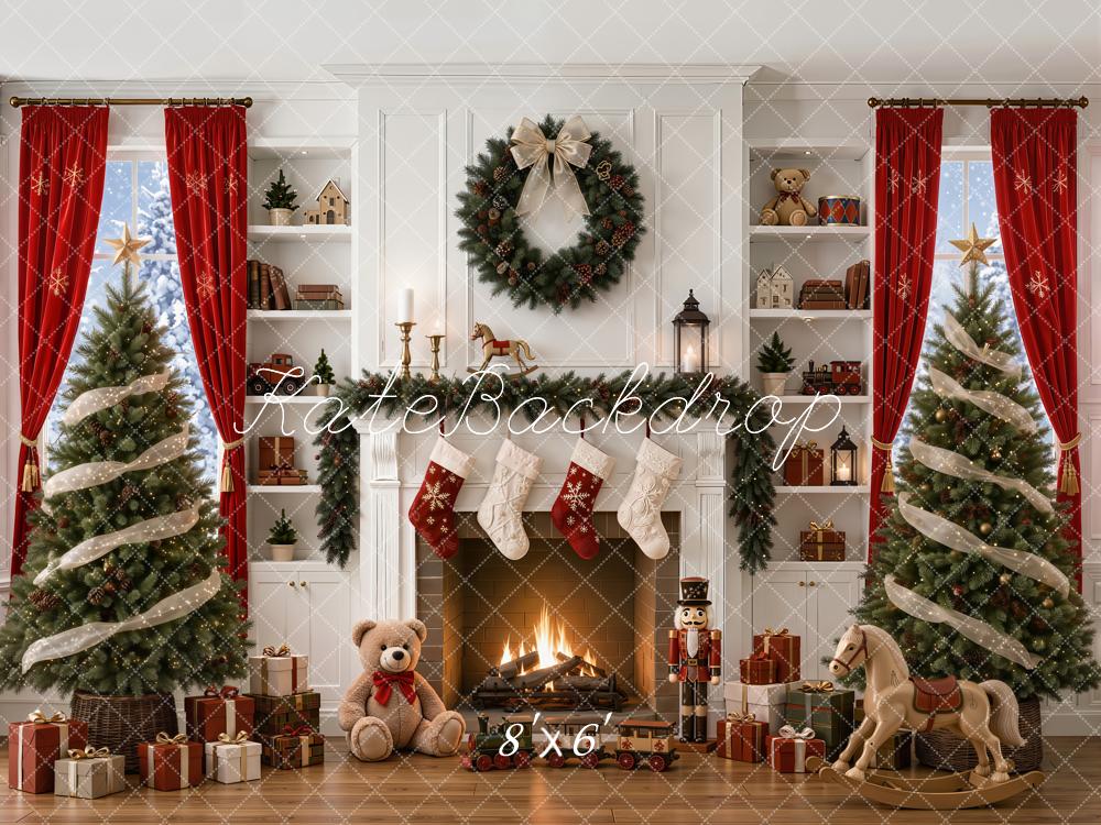 Kate Christmas Fireplace Christmas Tree Presents Rocking Horse Nutcracker Printed Backdrop Designed by Emetselch