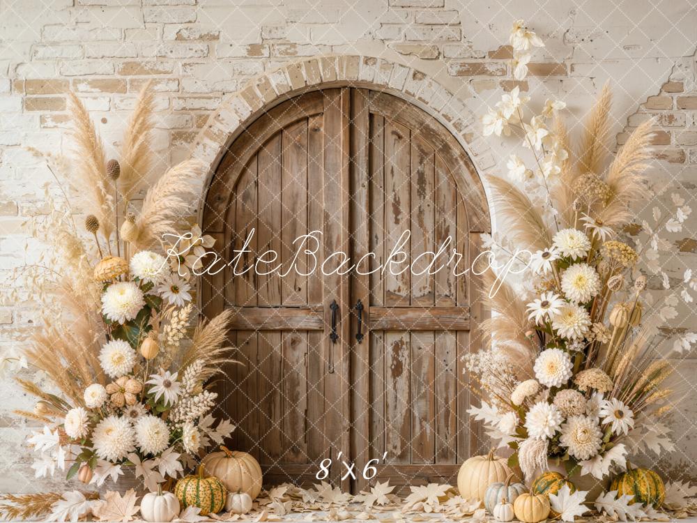 Kate Fall Arched Wooden Door Pumpkin Flower Pampas Grass Printed Backdrop Designed by Emetselch