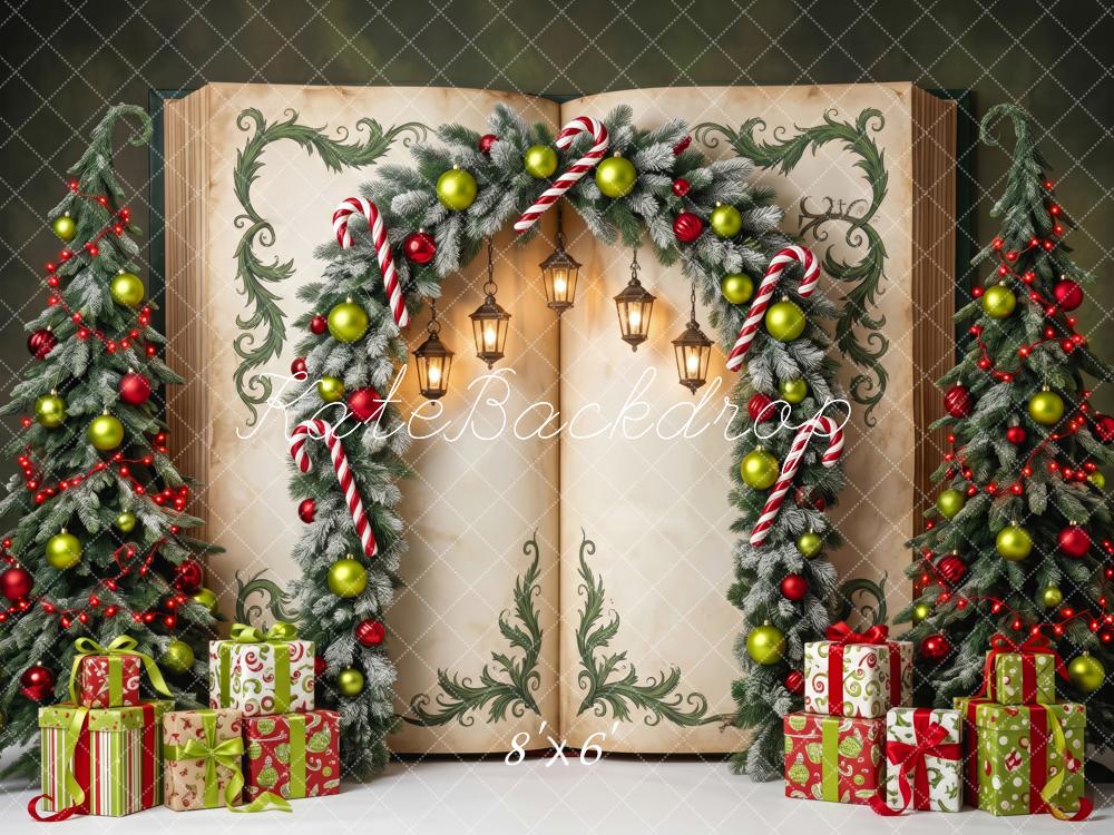 Kate Christmas Tree Fantasy Open Book Arch Candy Canes Gifts Lanterns Printed Backdrop Designed by Patty Roberts