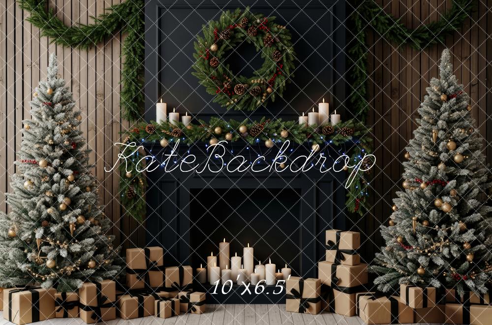 Kate Christmas Fireplace Garland Wreath Frosted Trees Backdrop Designed by Patty Roberts