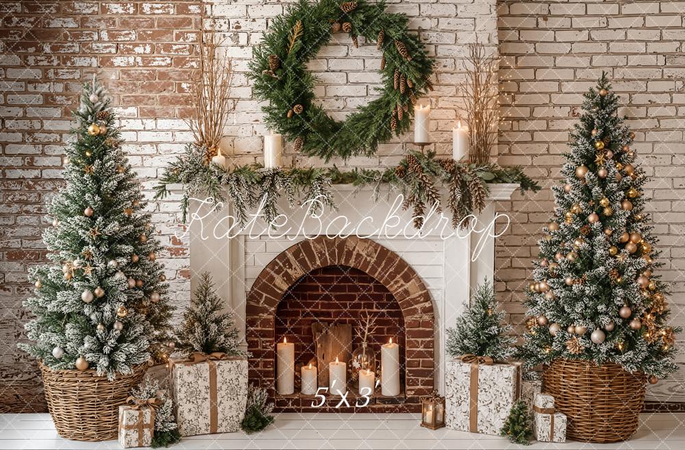 Kate Christmas Fireplace Tree Wreath Brick Wall Printed Backdrop Designed by Emetselch