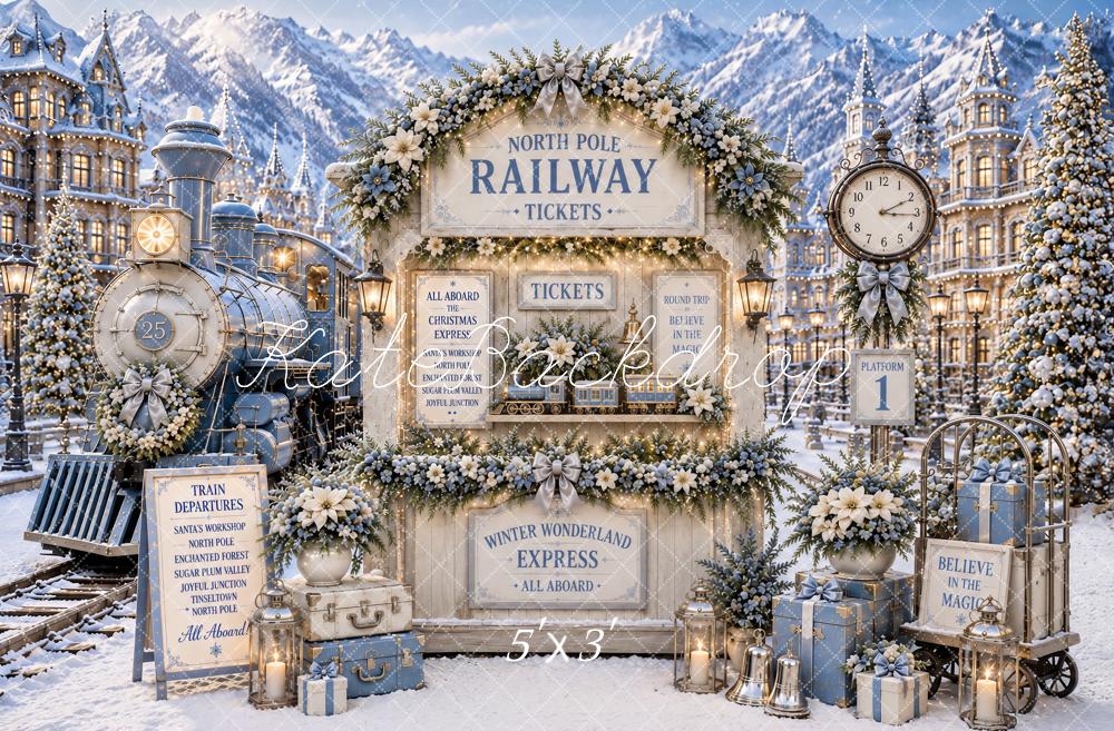 Kate Christmas Polar Train North Pole Railway Blue Snowy Printed Backdrop Designed by Ashley Paul