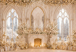 Kate Christmas Luxury White Floral Fireplace Windows City View Printed Backdrop Designed by Emetselch