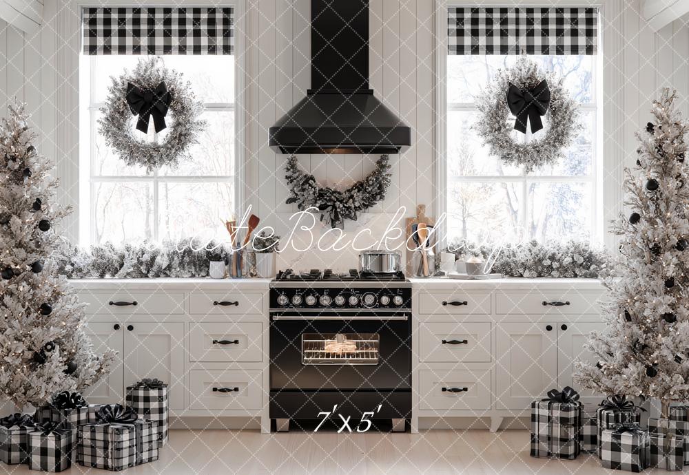 Kate Christmas Kitchen Black White Trees Wreaths Gifts Backdrop Designed by Ashley Paul