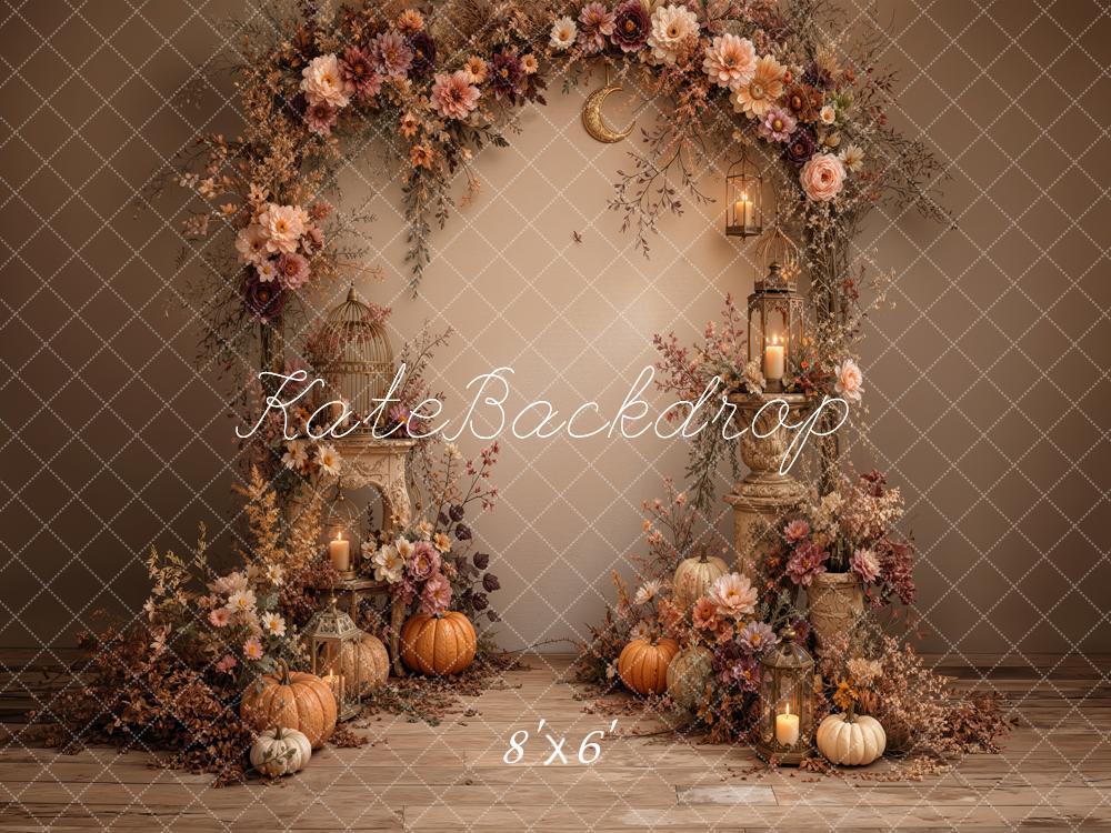 Kate Fall Floral Arch Pumpkins Lanterns Birdcage Printed Backdrop Designed by Jordan Moon