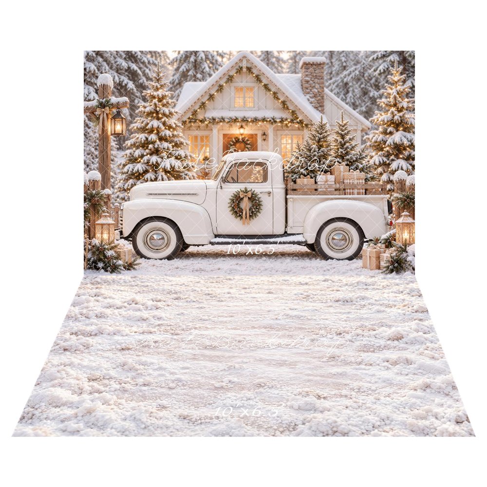 Kate Christmas Vintage Truck Snowy Cabin Printed Backdrop+White Snowy Floor Printed Backdrop