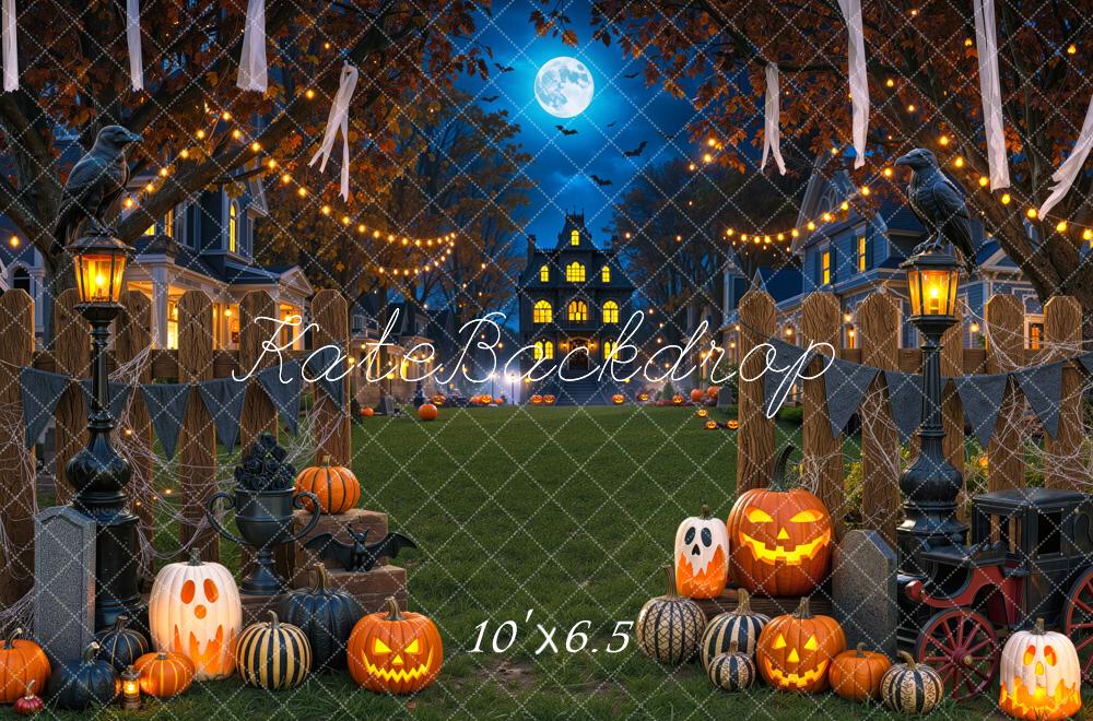Kate Halloween Night Haunted House Pumpkins Moonlight Printed Backdrop Designed by Mini MakeBelieve