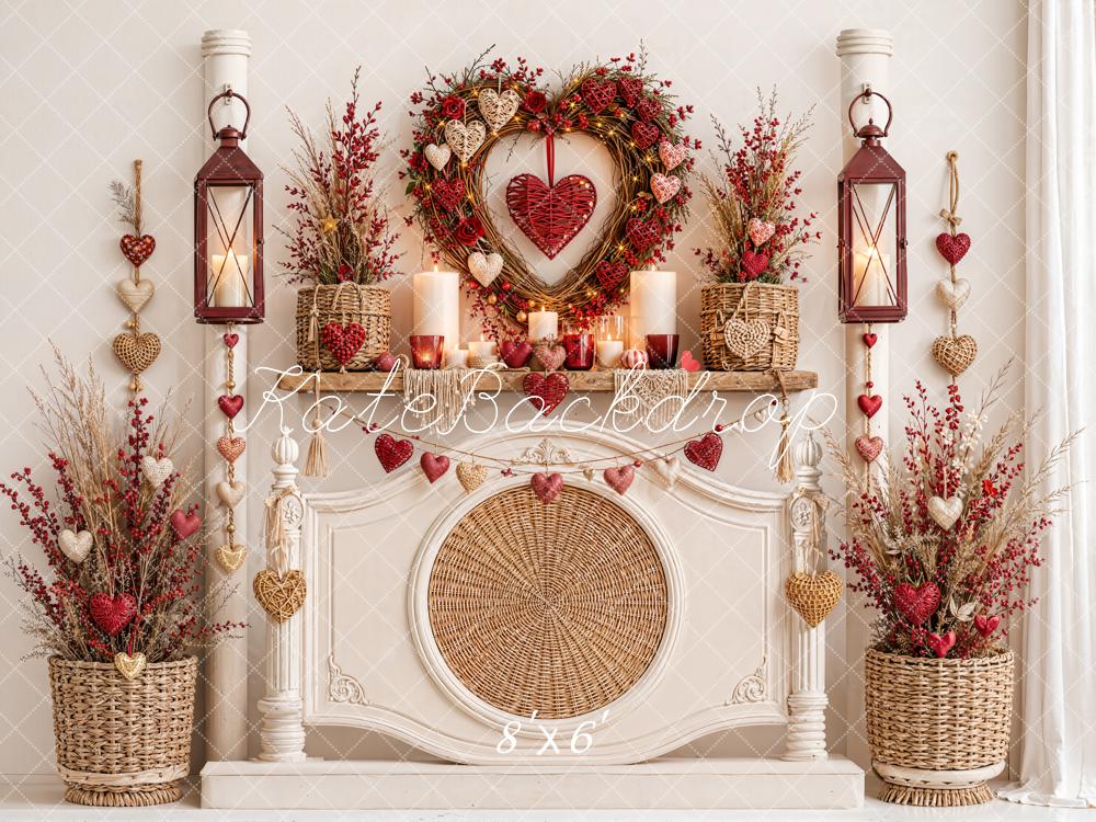 Kate Valentine's Day Headboard Heart Wreath Lanterns Mantel Flowers Printed Backdrop Designed by Emetselch