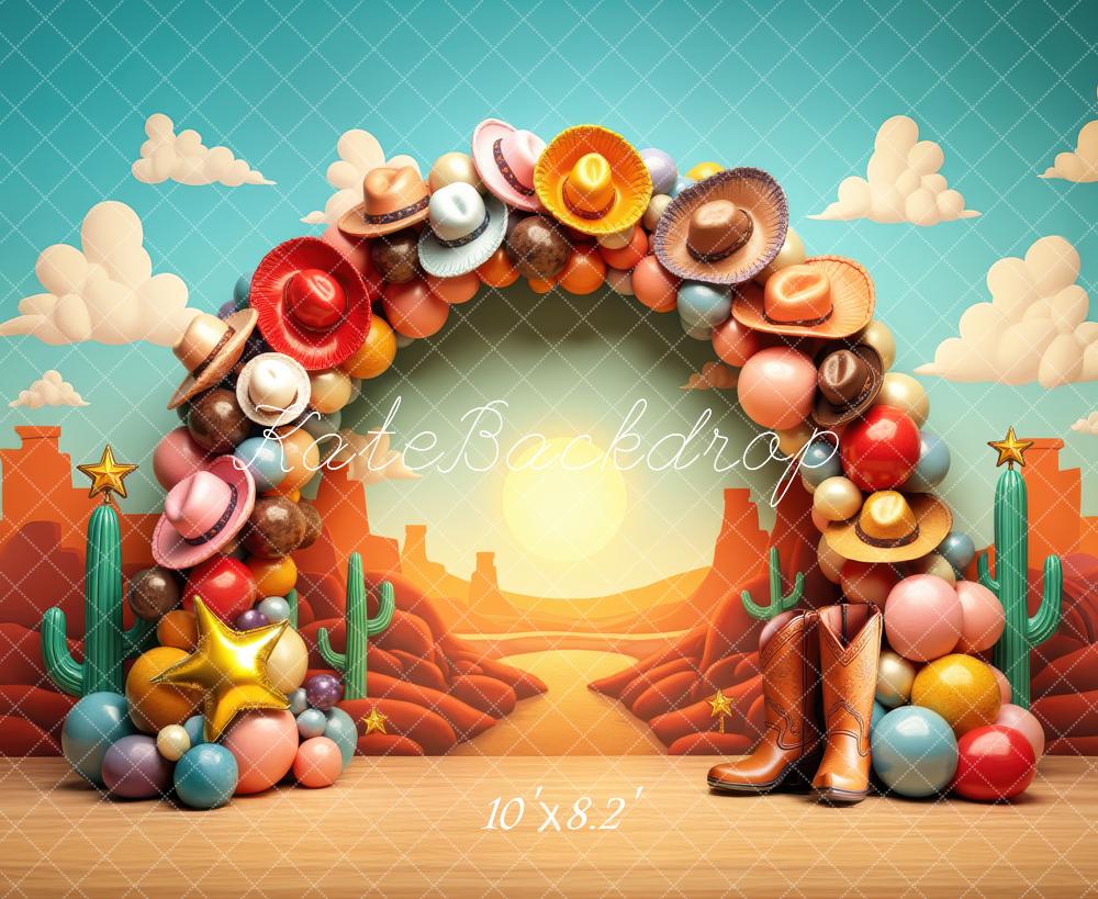Kate Western Cowboy Hat Balloon Arch Desert Boots Printed Backdrop Designed by Laura Bybee