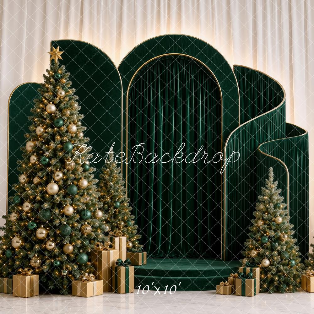 Kate Christmas Green Arch Panel Christmas Trees Gifts Printed Backdrop Designed by Ashley Ward