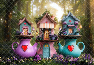 Kate Fantasy Teapot Houses Forest Printed Backdrop Designed by Mini MakeBelieve