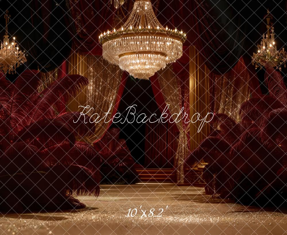 Kate Glamorous Stage Red Gold Chandelier Curtains Backdrop Designed by Emetselch