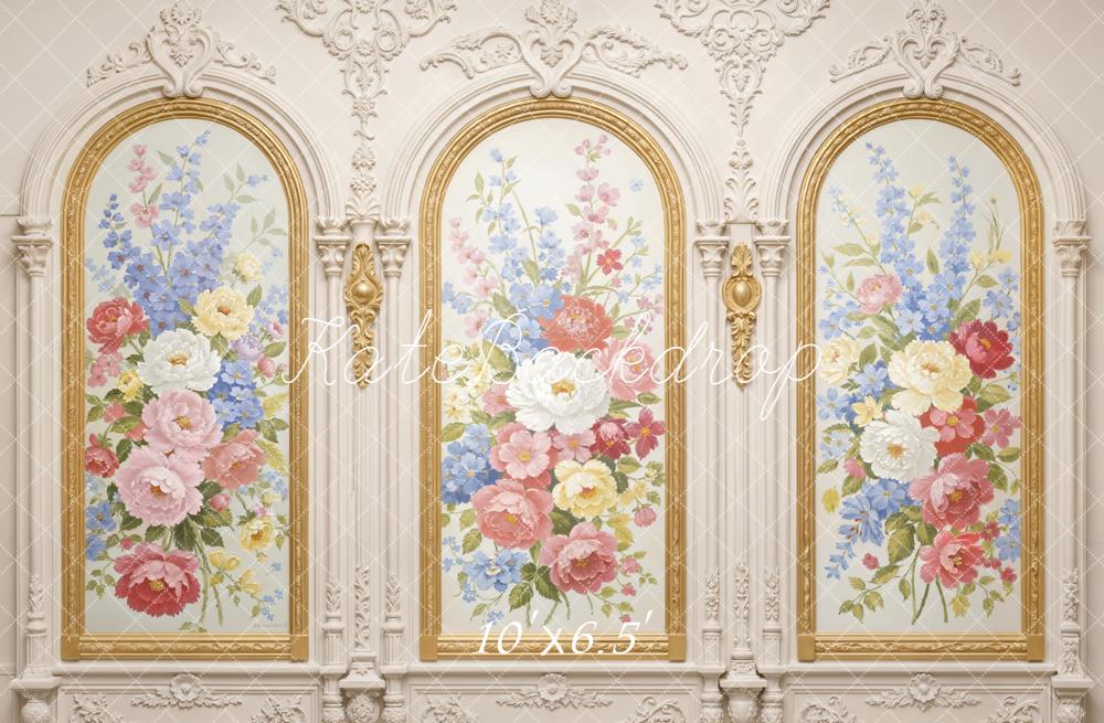 Kate Spring Floral Gold Ornate Arch Vintage Wall Printed Backdrop Designed by Emetselch