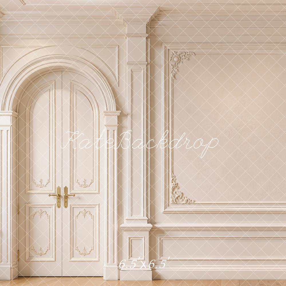 Kate Vintage Cream Elegant French Door and Paneling Wall Printed Backdrop Designed by Emetselch