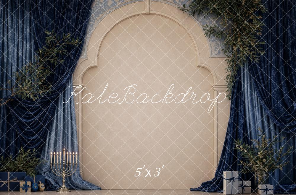 Kate Hanukkah Navy Drapes Arch Greenery Printed Backdrop Designed by Shutter Swan Studios