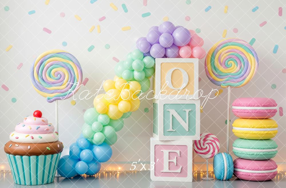 Kate Cake Smash Pastel Balloons Lollipop Macaron Cupcake One Blocks Backdrop Designed by Patty Roberts