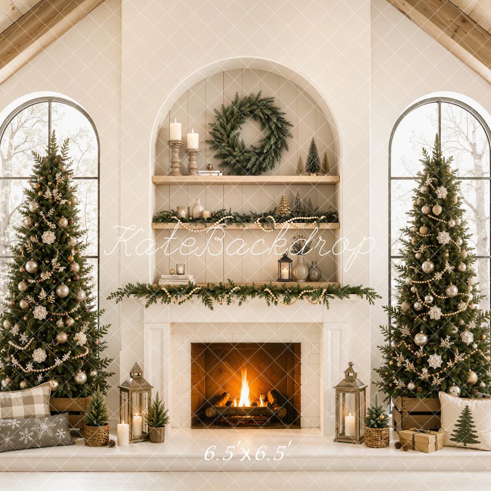 Kate Christmas Beige Fireplace Trees Mantel Gable Roof Printed Backdrop Designed by Emetselch