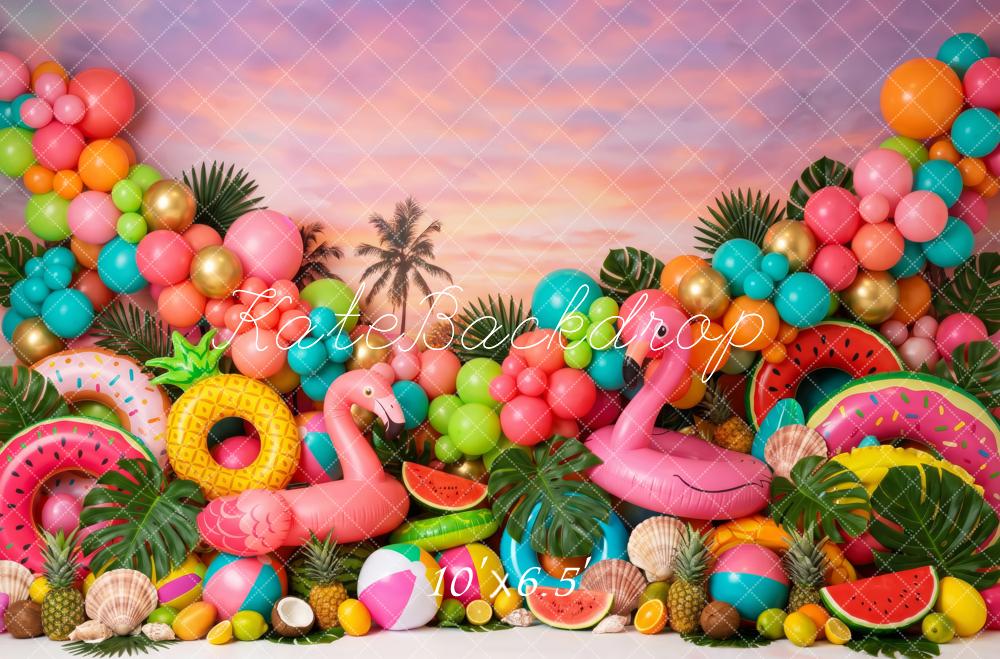 Kate Summer Vibrant Tropical Flamingo Balloons Fruit Palm Tree Sunset Printed Backdrop Designed by Patty Roberts
