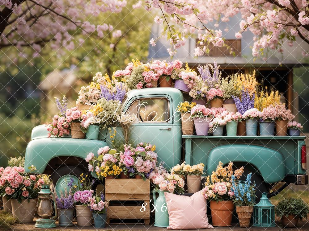 Kate Spring Vintage Truck Flower Pots Garden Printed Backdrop Designed by Emetselch