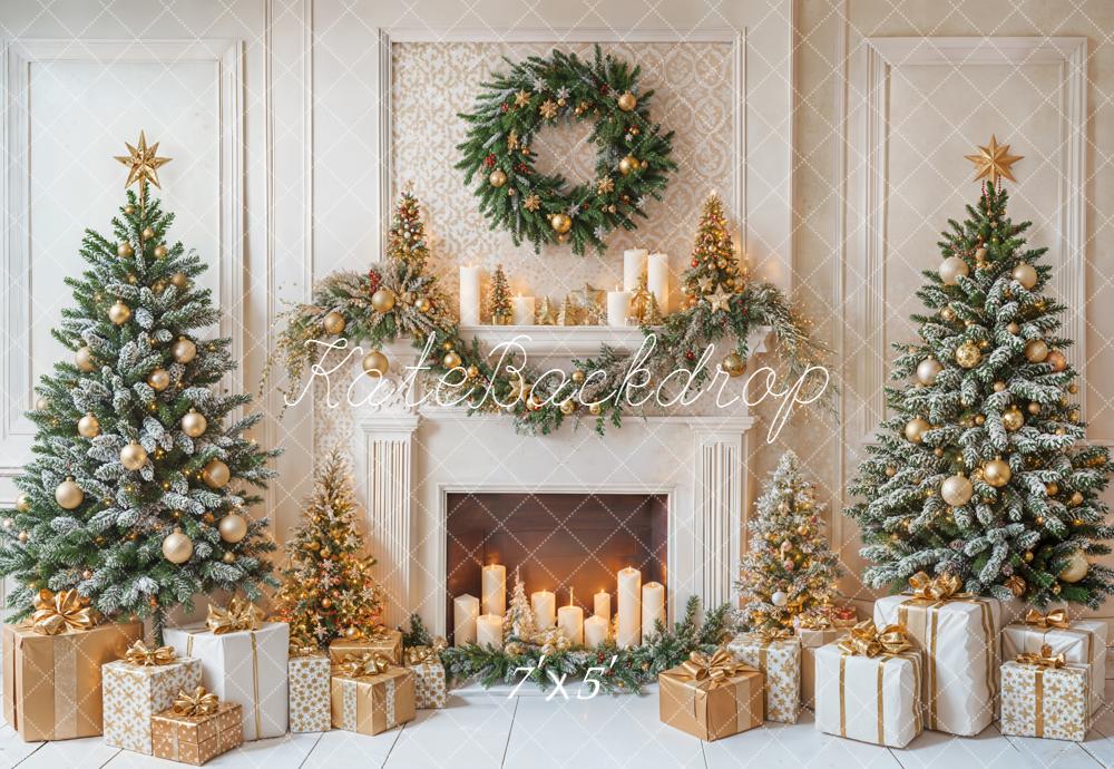 Kate Christmas Fireplace Trees Wreath Gold Ornaments Gifts Backdrop Designed by Emetselch
