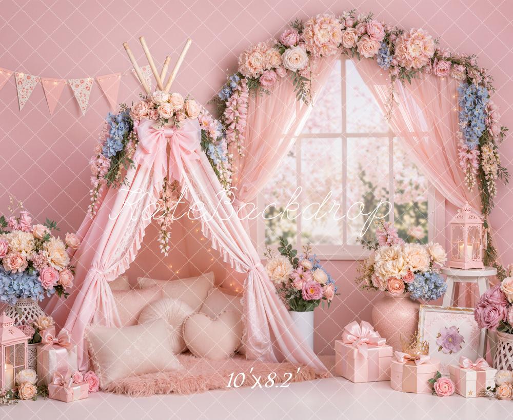 Kate Sring Pink Floral Teepee Flower Arch Window Printed Backdrop Designed by Emetselch