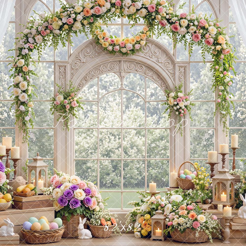 Kate Easter Bunny Flower Arch Pastel Eggs Candles Backdrop Designed by Mini MakeBelieve