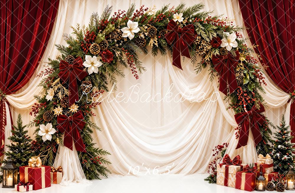 Kate Christmas Floral Garland Arch Red White Drapes Gifts Printed Backdrop Designed by Emetselch