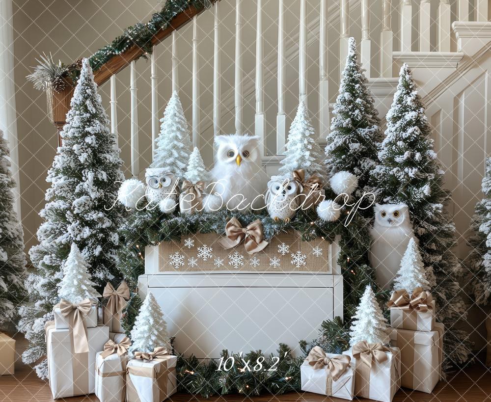 Kate Christmas Owls Snow Trees Staircase Gifts Backdrop Designed by Mini MakeBelieve