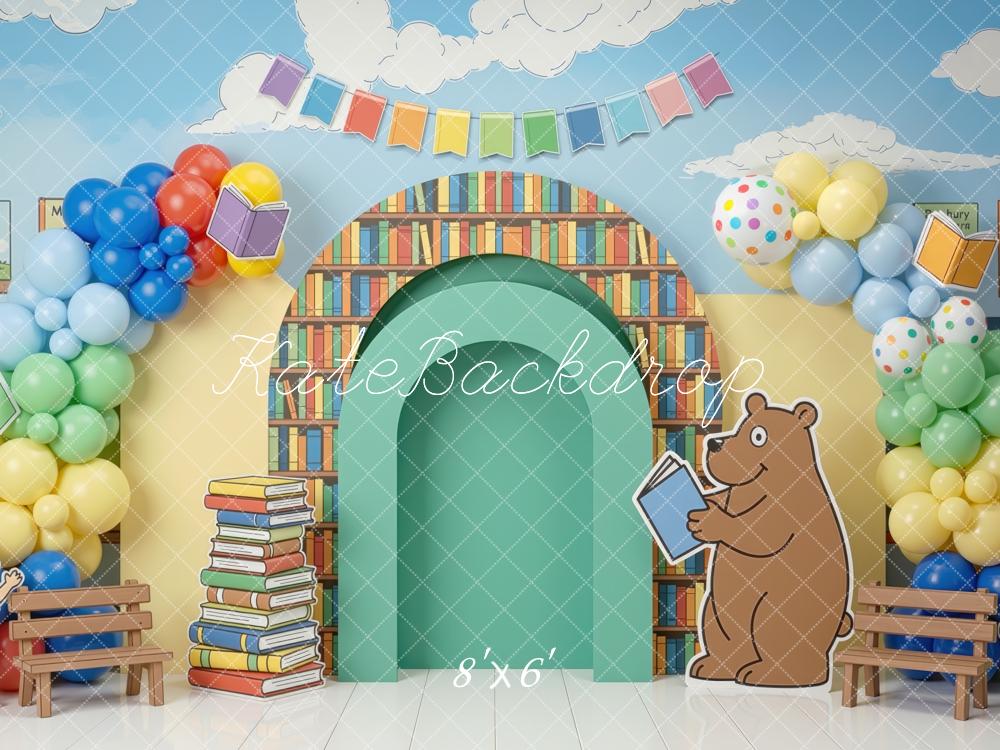Kate Back to School Book Arch Balloons Cartoon Bear Printed Backdrop Designed by Mini MakeBelieve