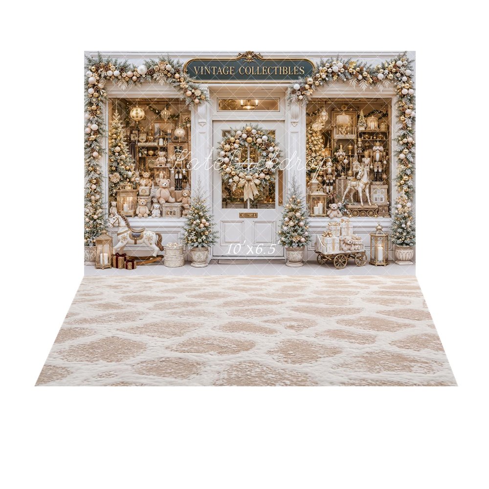 Kate Christmas Vintage Collectibles Nutcracker Storefront Printed Backdrop+Beige Cobblestone Snowy Floor Printed Backdrop
