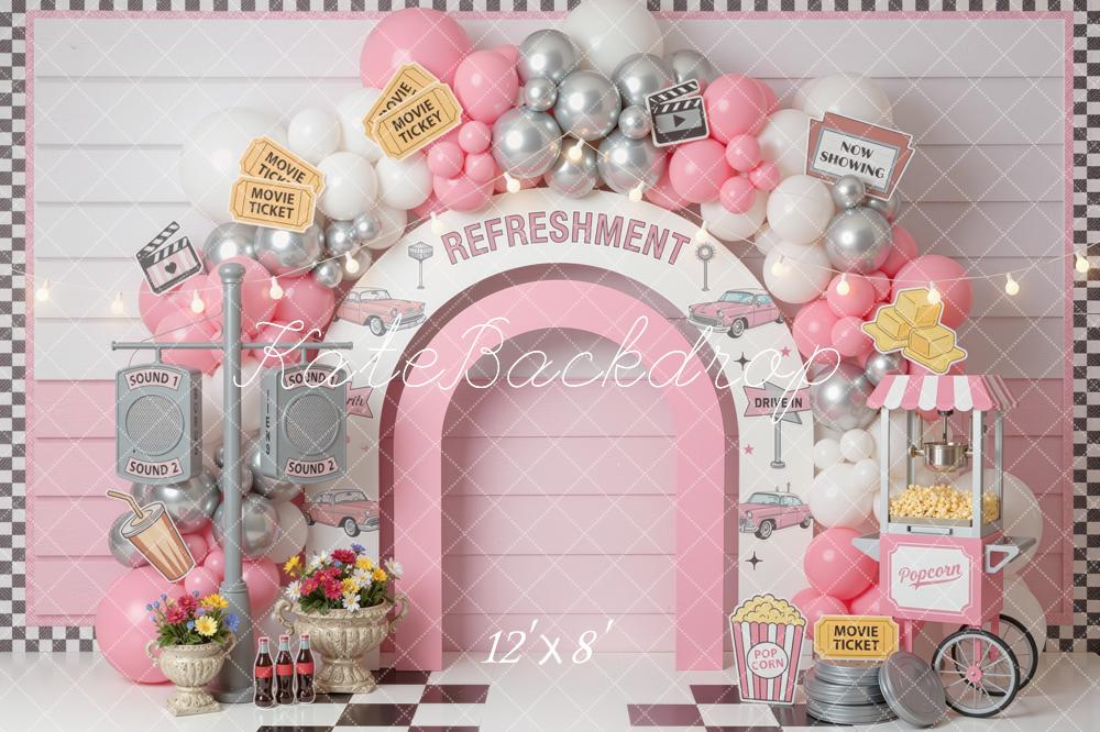 Kate Cake Smash Drive In Movie Refreshment Arch Balloons Popcorn Cart Printed Backdrop Designed by Mini MakeBelieve