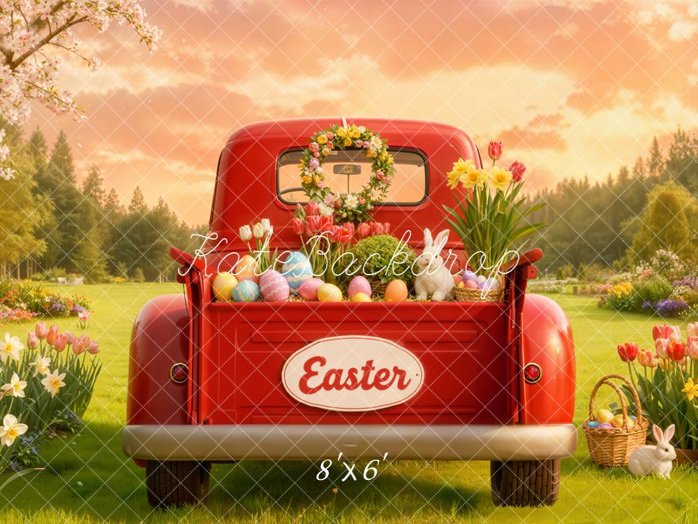 Kate Easter Red Truck Eggs Bunny Flowers Garden Backdrop Designed by Emetselch