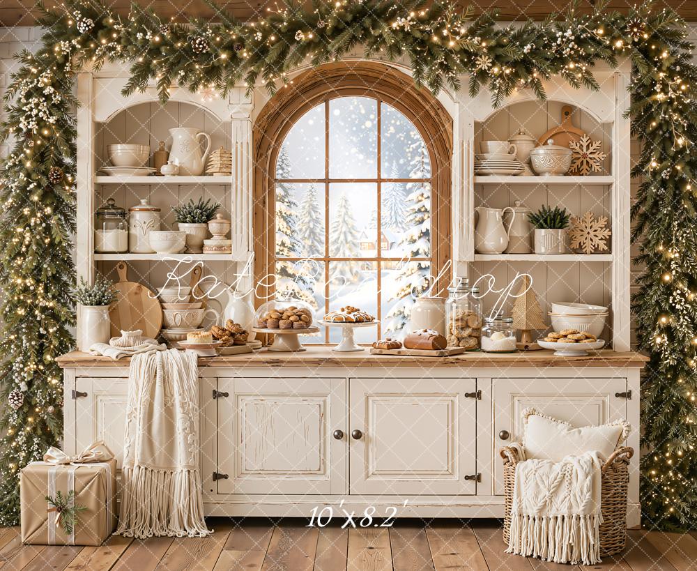 Kate Christmas Kitchen Cabinet White Window Garland Blanket Printed Backdrop Designed by Emetselch