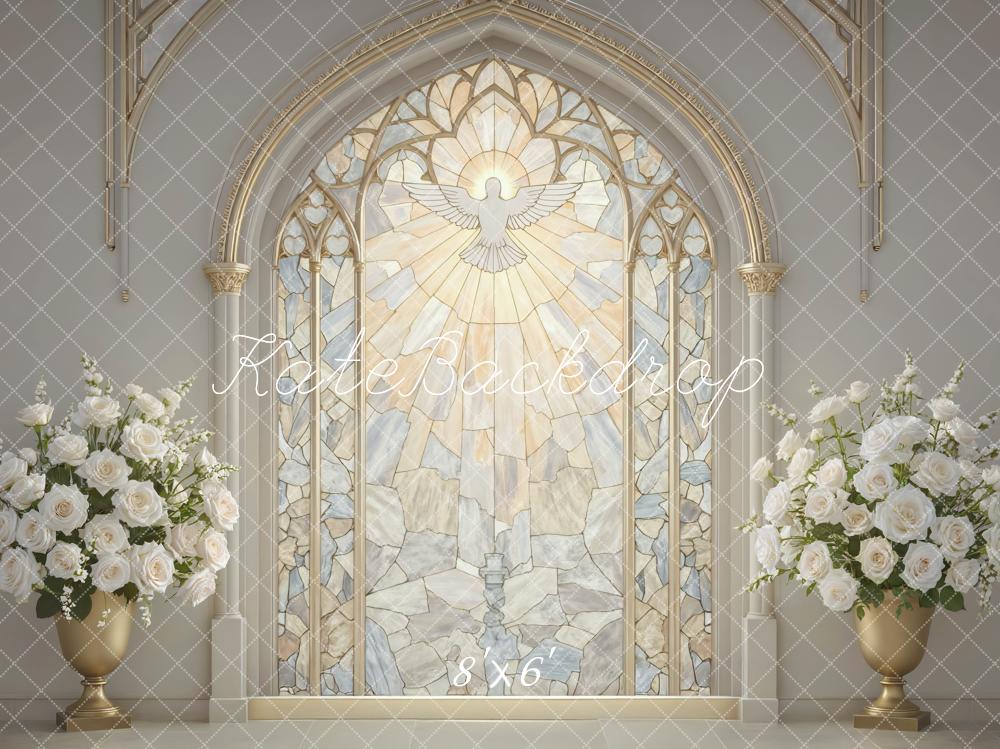 Kate Church Stained Glass Dove Window White Roses Backdrop Designed by Mini MakeBelieve