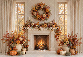 Kate Fall Fireplace Floral Wreath Pumpkins Printed Backdrop Designed by Emetselch