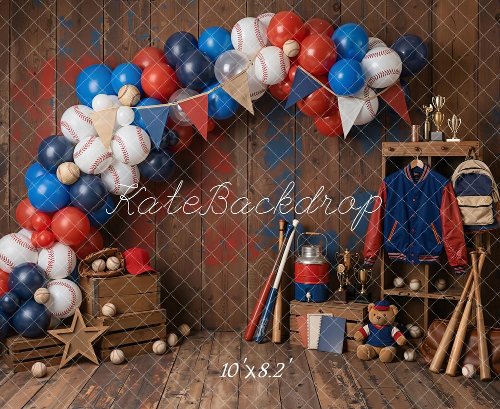 Kate Cake Smash Baseball Balloon Arch Wooden Crate Pennant Printed Backdrop Designed by Emetselch