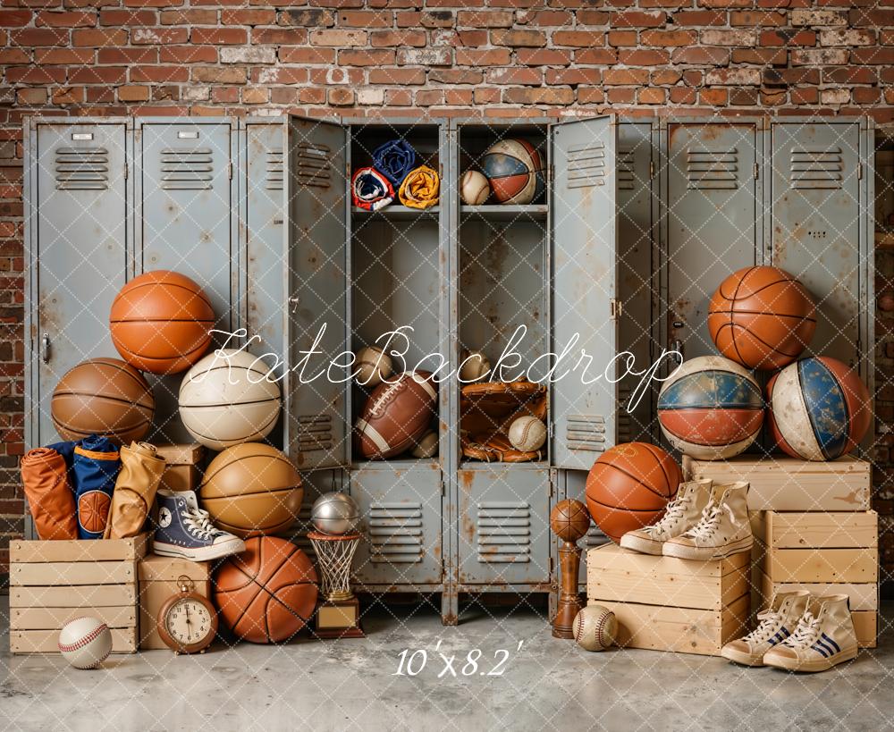 Kate Vintage Sports Locker Room Balls Lockers Brick Wall Sneakers Printed Backdrop Designed by Emetselch