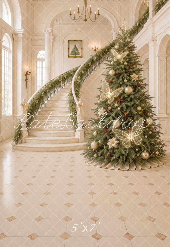 Kate Christmas Tree Cascading Stairs Butterfly Lights Elegant Printed Backdrop Designed by Emetselch