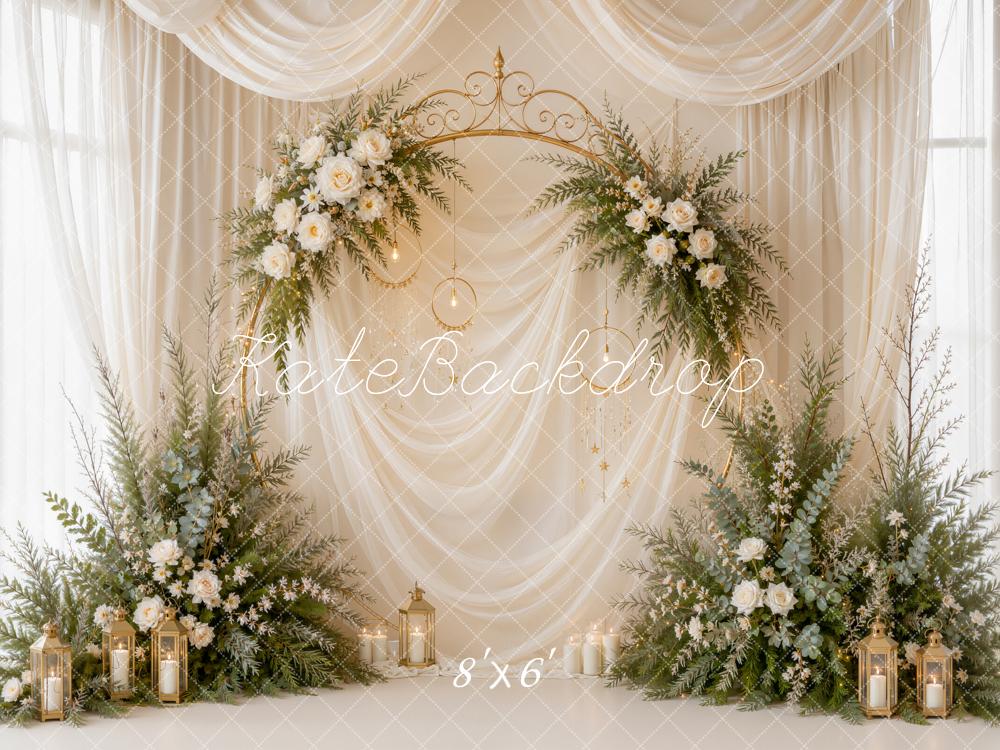 Kate Romantic White Floral Arch Gold Sheer Drapes Printed Backdrop Designed by Emetselch