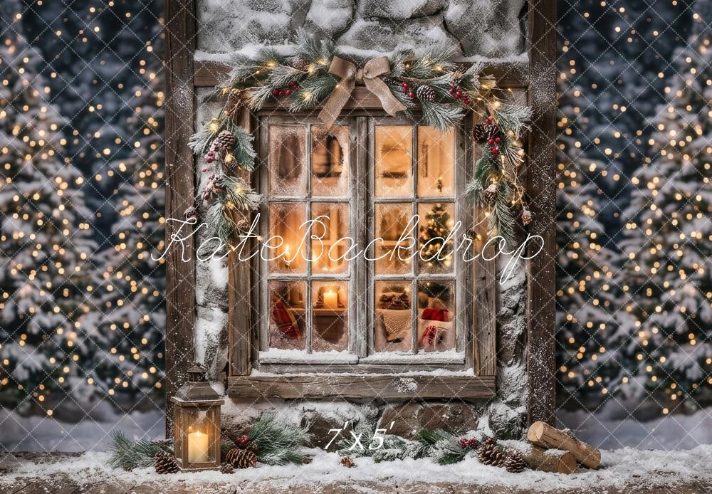 Kate Christmas Evening Snowy Window Garland Lantern Printed Backdrop Designed by Happy Squirrel Design