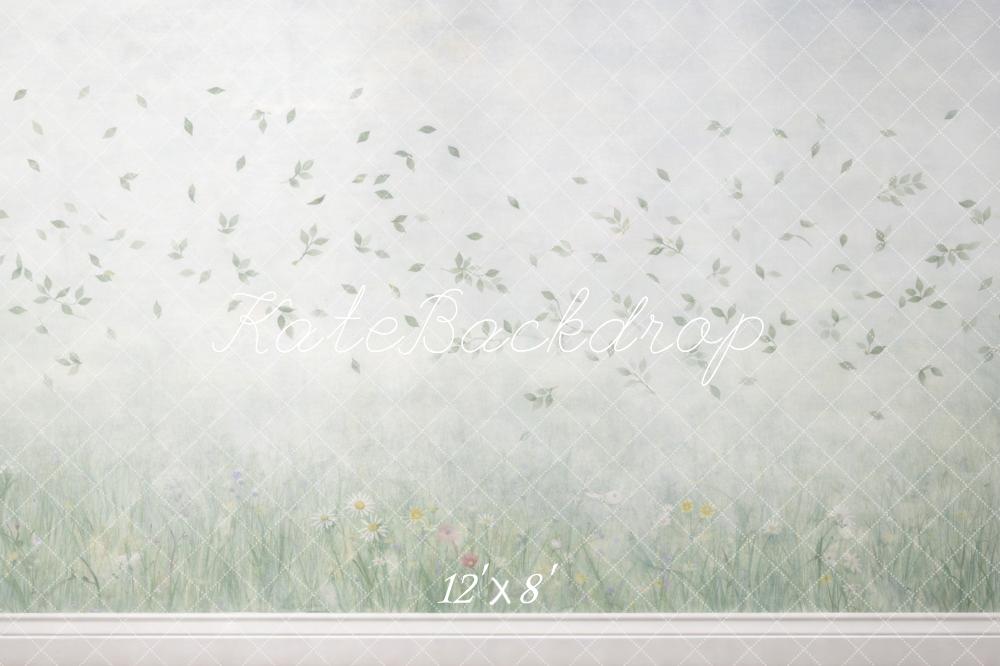 Kate Spring Green Leaves Wildflowers Grass Meadow Wall Backdrop Designed by Mini MakeBelieve