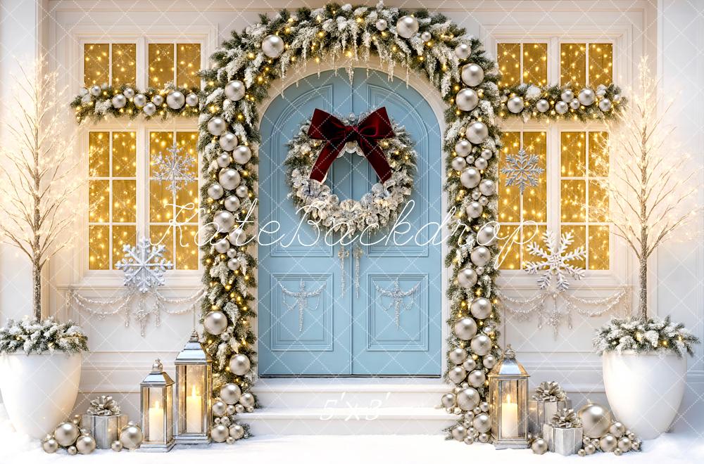 Kate Christmas Blue Door Crystals Ornament Arch Wreath Snow Backdrop Designed by Mini MakeBelieve