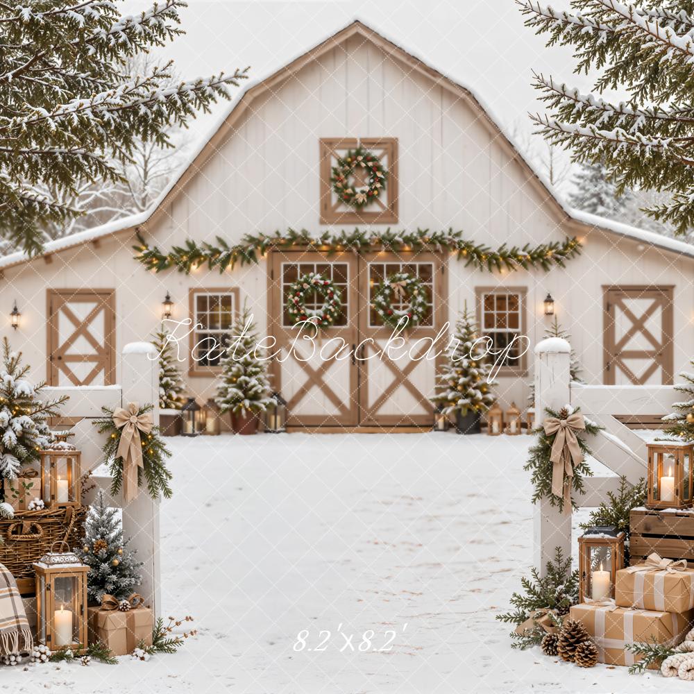 Kate Christmas Snowy White Barn Farmhouse Evergreen Gifts Plaid Printed Backdrop Designed by Emetselch